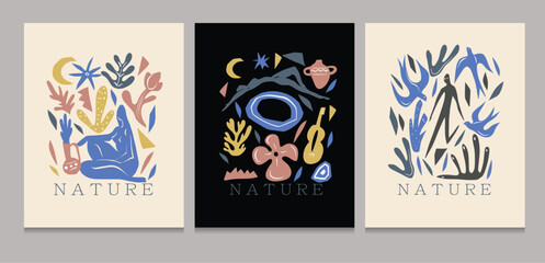 Modern abstract style poster set with nature inspired shapes