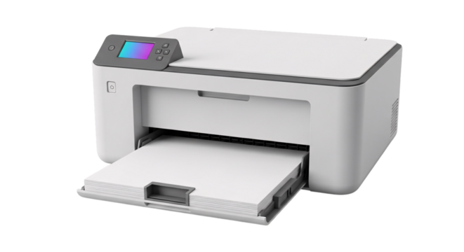 Modern compact printer with color screen isolated on white isolated on transparent background