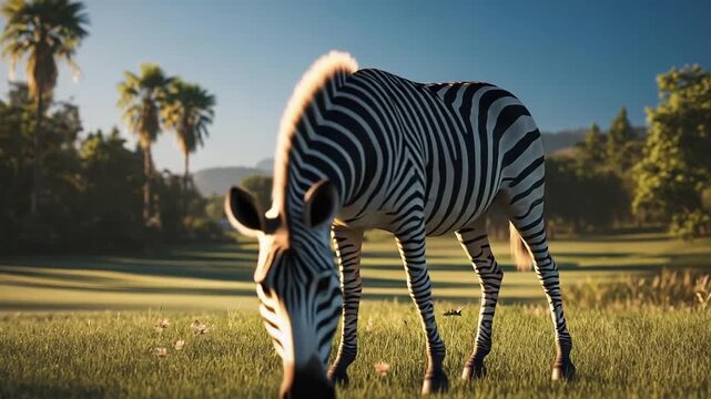 A zebra grazing on a sunlit grassy field with palm trees and distant mountains.