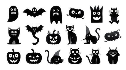 Fototapeta premium Black Halloween icons set of ghosts, pumpkins, bats, and cats, isolated on white background