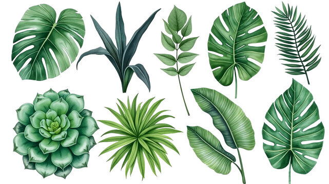Watercolor hand painted house green plants and exotic catuses in flower pots.	