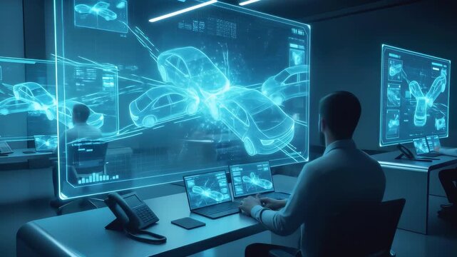 Male Engineers use holographic screen to analyze autonomous vehicle crash data, illustrating a high-tech approach to vehicle safety, research, and future transportation.