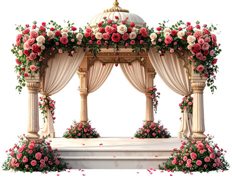 A beautiful Indian wedding mandap decorated with roses and flowers, set against a whi