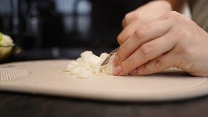 Chef chopping onion on cutting board