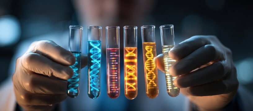 Scientist holding test tubes with glowing DNA strands (1)