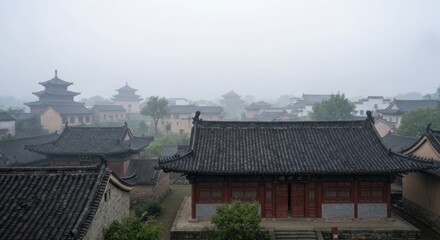 Ancient Chinese village shrouded in morning mist
