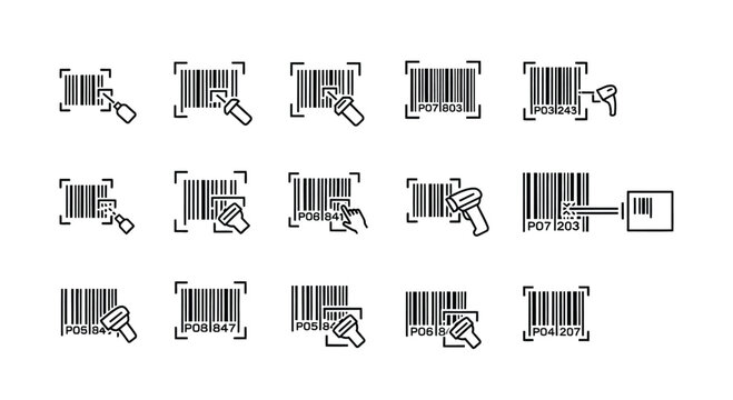 Set of hand-drawn barcode icons with stylized scanners and product boxes illustrating retail and logistics vector