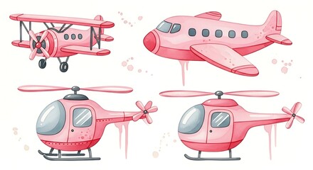 Pink Airplane and Helicopter Illustration Set.