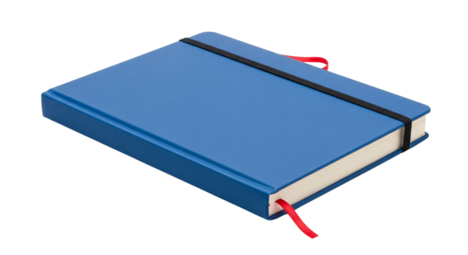 Blue notebook with elastic band and ribbon isolated on transparent background