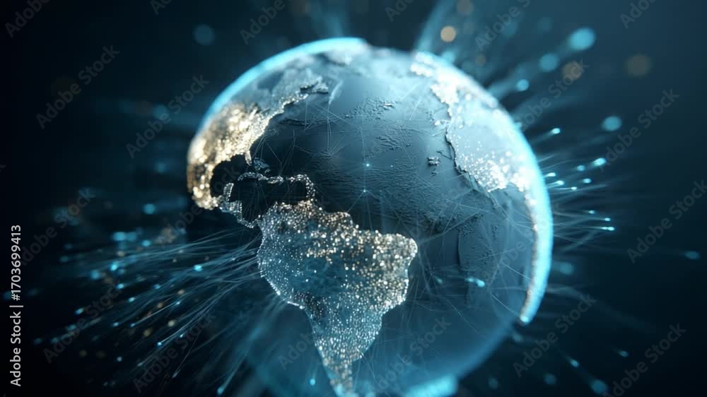 Poster digital globe: a digitally rendered globe illuminated with networks of light, illustrating global co