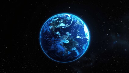 Fototapeta premium A digitally rendered Earth, predominantly blue, is set against a backdrop of a star-studded black space. The planet's continents are faintly visible, illuminated with a subtle blue glow