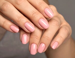 Close-up of manicured hands with light pink nails