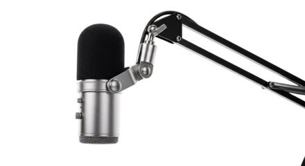 Podcast microphone with boom arm isolated on transparent background