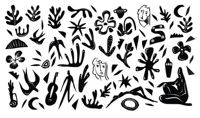 Monochrome abstract elements with figures, birds and plants. Vector