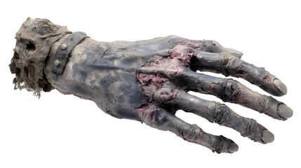 Creepy zombie hand prop with decayed skin and long fingers, isolated on white background