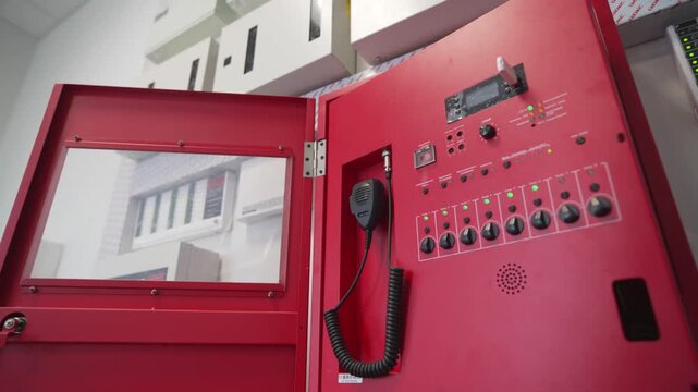Inspection scene shows bright metal control box with open door. Fire alarm system demonstrates safety process and technical restoration