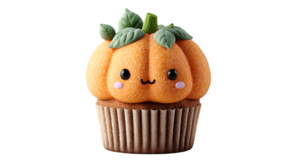 Cute 3D cupcake styled as orange pumpkin with cartoon face, isolated on white background
