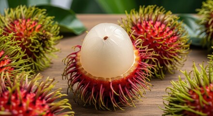 Fresh rambutan fruit on wood with a peeled one close up