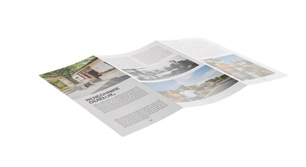Folded brochure with images and text isolated on transparent background