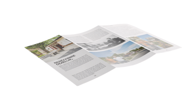 Folded brochure with images and text isolated on transparent background