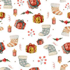 Christmas seamless watercolor pattern with presents, pine branches, candles, Christmas tree, ornaments and stars on white background for festive winter holiday design