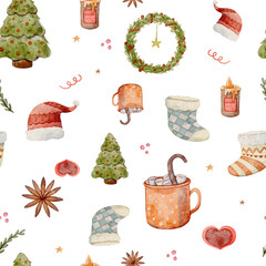 Christmas seamless watercolor pattern with presents, pine branches, candles, Christmas tree, ornaments and stars on white background for festive winter holiday design