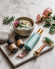 A beautifully styled flat lay of spa and skincare products on marble. Features a facial mask, essential oils, a jade roller, and fresh flowers for a tranquil and luxurious mood.