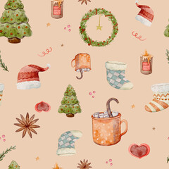 Seamless Christmas pattern with watercolor gifts, branches, candles, Christmas tree, baubles and shining stars on peach pastel background for festive holiday design