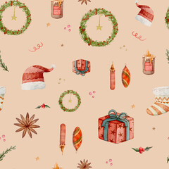 Seamless Christmas pattern with watercolor gifts, branches, candles, Christmas tree, baubles and shining stars on peach pastel background for festive holiday design