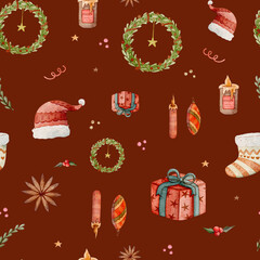 Seamless Christmas watercolor pattern with gifts, branches, candles, Christmas tree, ornaments and stars on burgundy red background for holiday and winter festive design