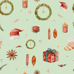 Watercolor seamless Christmas pattern with presents, pine branches, candles, Christmas tree, baubles and festive stars on mint green background for holiday decoration