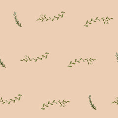 Seamless Christmas watercolor foliage pattern with holly leaves, pine branches, mistletoe and festive greenery on peach pastel background for holiday decoration