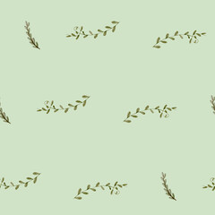 Christmas seamless watercolor pattern with holly leaves, pine needles, mistletoe and festive foliage on mint green background for winter seasonal design