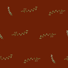 Seamless Christmas watercolor pattern with holly leaves, pine branches, mistletoe and festive greenery on burgundy red background for holiday and winter decoration