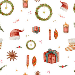 Watercolor Christmas seamless pattern with gifts, pine branches, candles, tree, ornaments and festive stars on transparent background PNG for winter holiday decoration