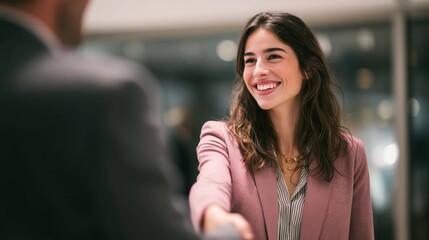 Smiling businesswoman shaking hands with businessman in office,copy space,minimalistic background
