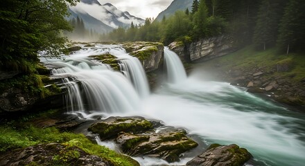 Fototapeta premium Powerful Waterfall in a Lush Mountain Forest.