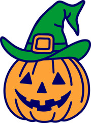 Cartoonish Handdrawn Pumpkin with Witch Hat Seasonal Celebration Illustration