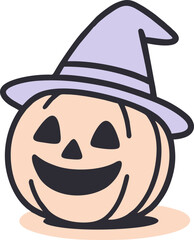Cartoon Flat Illustration of a Happy Smiling Pumpkin with Witch Hat