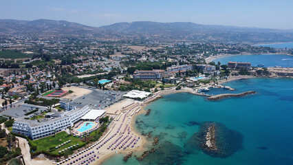 Fototapeta premium Aerial view of Corallia Beach on sunny summer day. Pegeia, Cyprus.