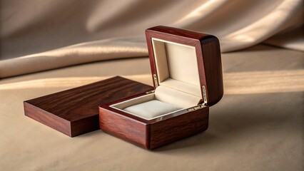 Golden wedding rings are nestled inside an open wooden box