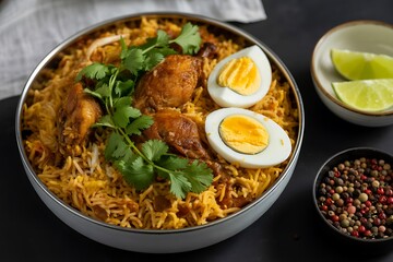 Fototapeta premium Savory chicken biryani with fluffy rice, hard-boiled eggs, fresh cilantro, and vibrant spices ready to serve