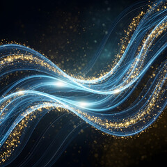 Abstract design with swirling blue lines and golden glitter particles on a dark background.