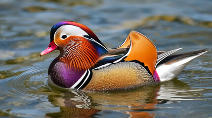 Colorful mandarin duck swimming water colorful bird