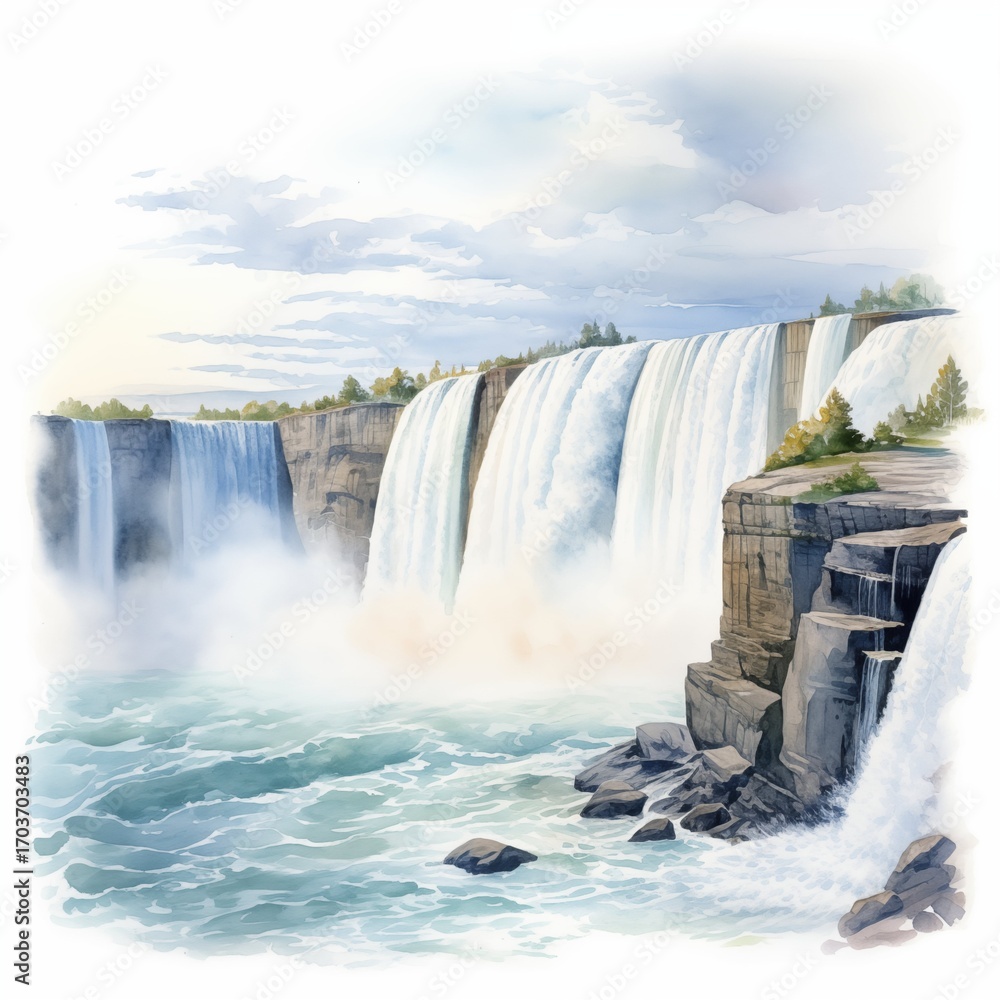 Poster water flows powerfully over a rocky cliff face, creating a large waterfall with a misty spray at the