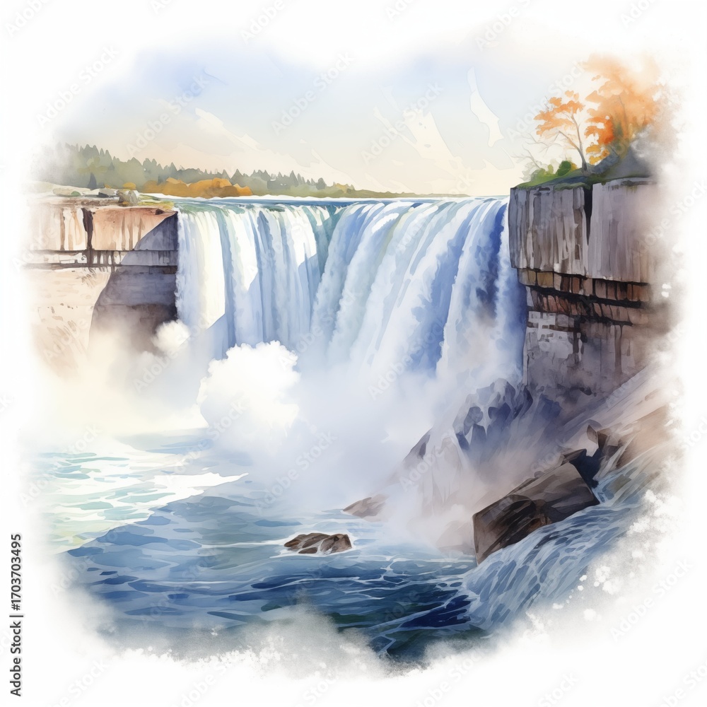 Poster water rushes powerfully over the high cliffs of a waterfall, creating a misty spray and splashing in