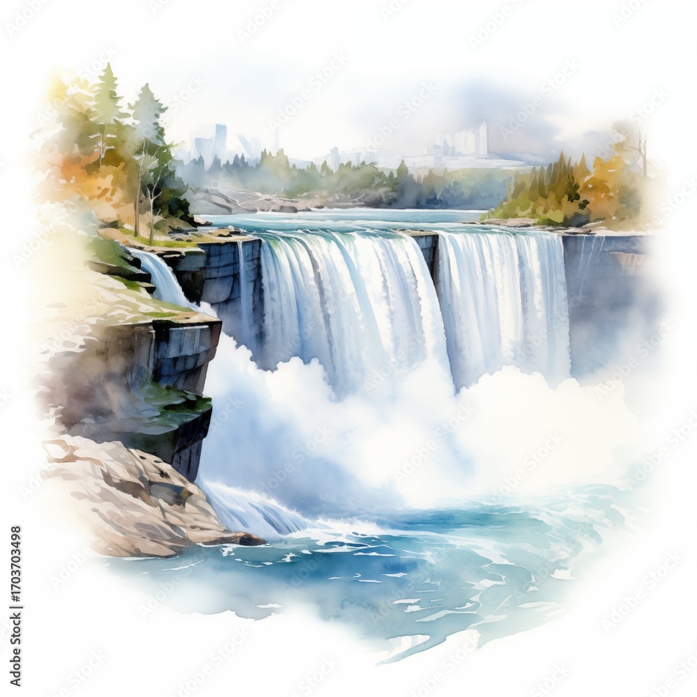 Poster water flows powerfully over a cliff face into a churning pool below, with a cityscape visible in the