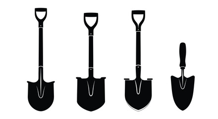 Four different sized garden shovels showcased in silhouette for versatile design applications vector © mahafuza