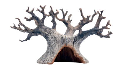 Dead tree sculpture with hollowed trunk and eerie branches, isolated on white background