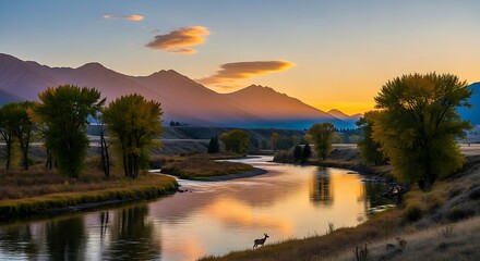 Obraz premium Scenic river landscape at sunset with mountains and trees reflecting in the water.